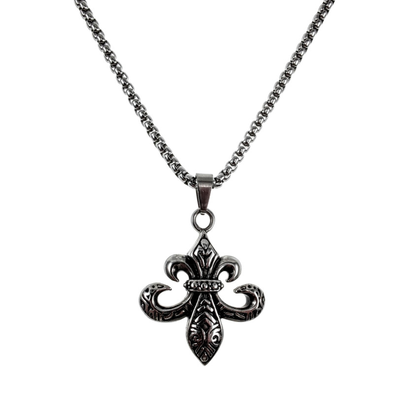 60cm x 3mm Jasseron-Ketting + Fleur de Lis Hanger Heren - Gepolijst RVS - Ketting met Leliebloem Hanger