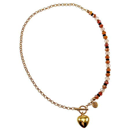 Verguld RVS - Bruine Kristallen Ketting met T-sluiting en Hart Hanger