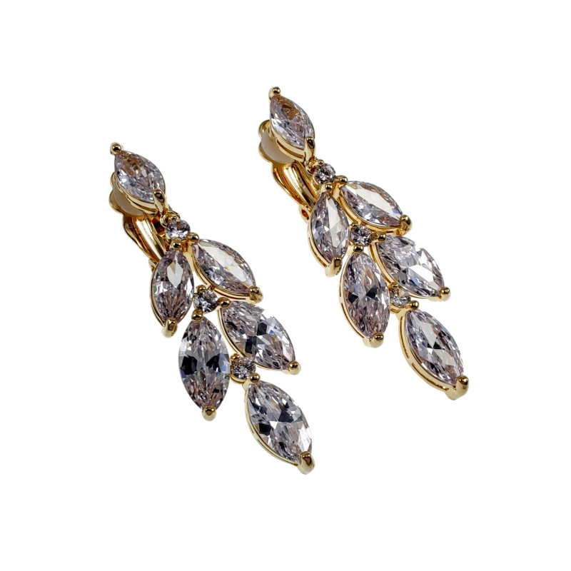 Lange Oorclips - Gold Plating Blad-Design Clip-on Oorbellen met Strass Lange Oorclips - Gold Plating Blad-Design Clip-on Oorbellen met Strass