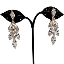 Lange Oorclips - Gold Plating Blad-Design Clip-on Oorbellen met Strass