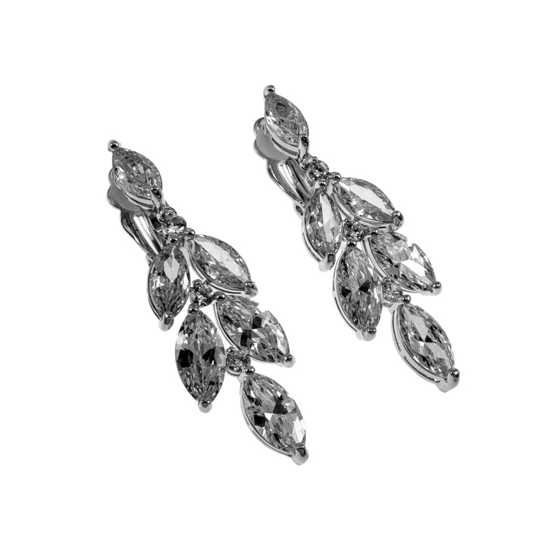 Lange Oorclips - Gerhodineerd Blad-Design Clip-on Oorbellen met Strass Lange Oorclips - Gerhodineerd Blad-Design Clip-on Oorbellen met Strass