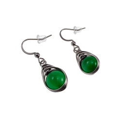 35mm x 10mm Lange Oorbellen Dames - RVS - Haakoorbellen met Groene Kattenoogsteen - Visgraat Desing - Handgemaakt