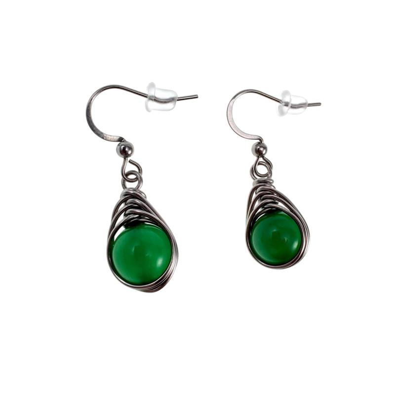 35mm x 10mm Lange Oorbellen Dames - RVS - Haakoorbellen met Groene Kattenoogsteen - Visgraat Desing - Handgemaakt
