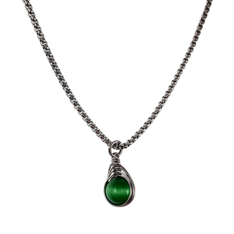 60cm x 3mm Jasseron-Ketting + Groene Kattenoogsteen Hanger Dames - RVS 60cm x 3mm Jasseron-Ketting + Groene Kattenoogsteen Hanger Dames - RVS