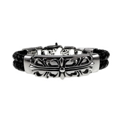 20cm Armband Heren - Zwart Echt Leer - Gepolijst RVS 316L - Gevlochten Armband met Leliebloemen Plaat