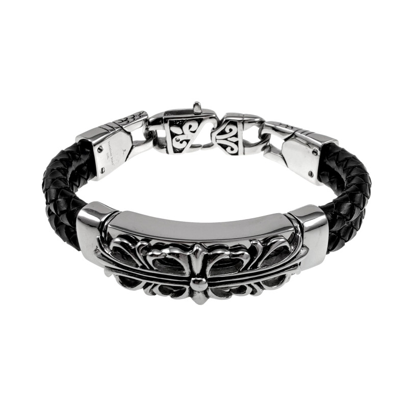 20cm Armband Heren - Zwart Echt Leer - Gepolijst RVS 316L - Gevlochten Armband met Leliebloemen Plaat