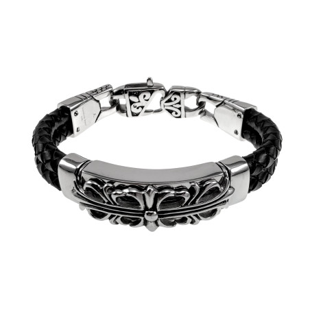 Heren Echt Leer - RVS 316L - Gevlochten Armband met Leliebloemen Plaat