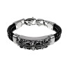 20cm Armband Heren - Zwart Echt Leer - Gepolijst RVS 316L - Gevlochten Armband met Leliebloemen Plaat