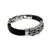 20cm Armband Heren - Zwart Echt Leer - Gepolijst RVS 316L - Gevlochten Armband met Leliebloemen Plaat