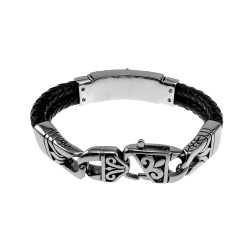 20cm Armband Heren - Zwart Echt Leer - Gepolijst RVS 316L - Gevlochten Armband met Leliebloemen Plaat