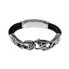 20cm Armband Heren - Zwart Echt Leer - Gepolijst RVS 316L - Gevlochten Armband met Leliebloemen Plaat