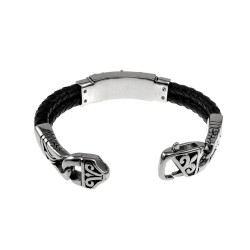 20cm Armband Heren - Zwart Echt Leer - Gepolijst RVS 316L - Gevlochten Armband met Leliebloemen Plaat