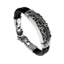 20cm Armband Heren - Zwart Echt Leer - Gepolijst RVS 316L - Gevlochten Armband met Leliebloemen Plaat