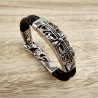 20cm Armband Heren - Zwart Echt Leer - Gepolijst RVS 316L - Gevlochten Armband met Leliebloemen Plaat