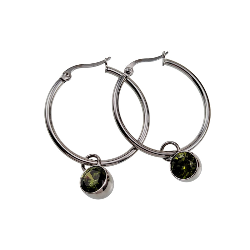 Dames - Gepolijst RVS - ∅30mm Oorbellen met Groene Zirkonia Hanger Dames - Gepolijst RVS - ∅30mm Oorbellen met Groene Zirkonia Hanger