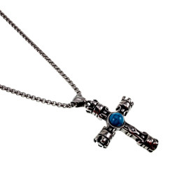 60cm x 3mm Jasseron-Ketting + 44 mm x 22 mm Kruishanger Heren - Gepolijst RVS - Koninklijk Kruis met Turquoise Steen met Ketting