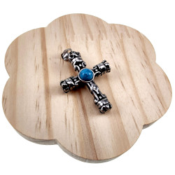 60cm x 3mm Jasseron-Ketting + 44 mm x 22 mm Kruishanger Heren - Gepolijst RVS - Koninklijk Kruis met Turquoise Steen met Ketting