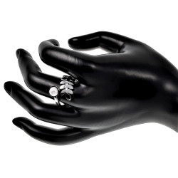 Ring Dames - Gepolijst RVS - Blad Ring met Witte Parel - Verstelbaar