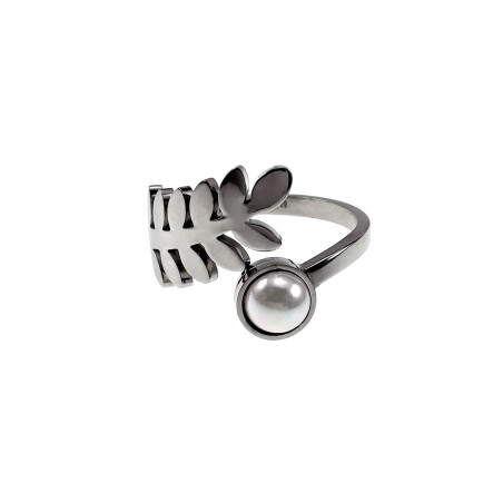 Ring Dames - Gepolijst RVS - Blad Ring met Witte Parel - Verstelbaar