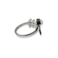 Ring Dames - Gepolijst RVS - Blad Ring met Witte Parel - Verstelbaar