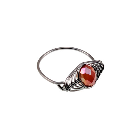 RVS Visgraat Ring met  Amber-Oranje Kristallen Handgemaakt Dames Ring