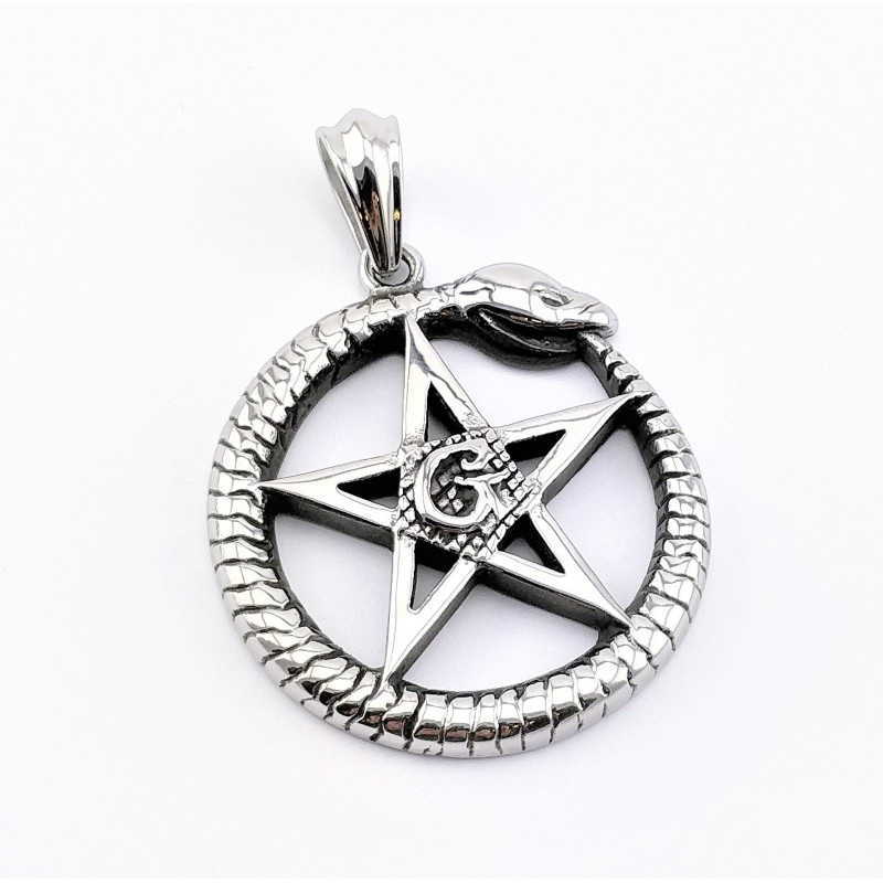 RVS Amulet Hanger met Ouroboros Slang en Pentakel
