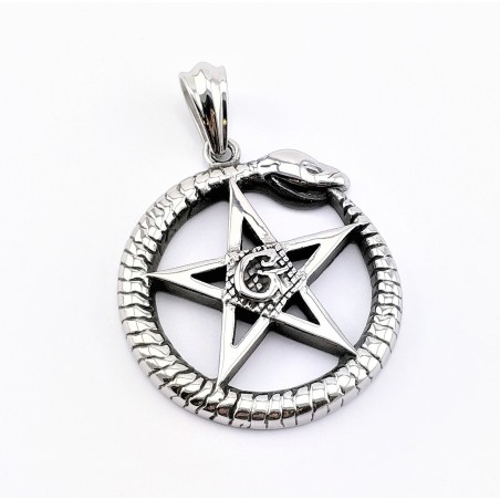 RVS Amulet Hanger met Ouroboros Slang en Pentakel