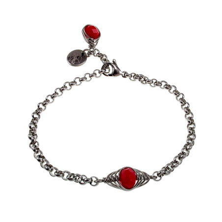 Dames - RVS - Ronde Schakelarmband met Rode Kristal Visgraatschakel
