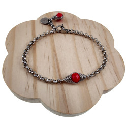 Dames - RVS - Ronde Schakelarmband met Rode Kristal Visgraatschakel