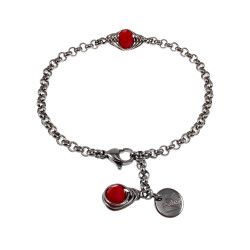 Dames - RVS - Ronde Schakelarmband met Rode Kristal Visgraatschakel