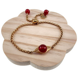 Verguld RVS Schakelarmband met Donkerrode Steen met Schuifsluiting