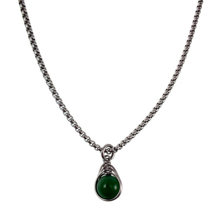 60cm x 3mm Jasseron-Ketting + Donkergroen Jade Steen Hanger RVS