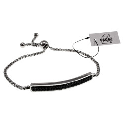 15 tot 20cm Armband Dames - RVS - Jasseron Schakelarmband met Zwarte Zirkonia-Steentjes Plaat - Verstelbaar met Schuifsluiting