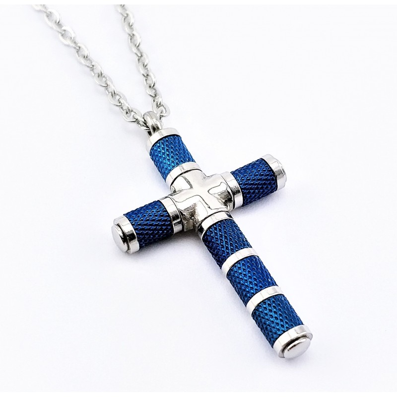 Zilver-Blauw RVS Kruis met Jasseron Ketting