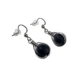 Dames - RVS - Haakoorbellen met Matte Zwarte Onyx Steen - Handgemaakt
