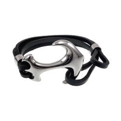 19cm Armband Heren - Echt Leer - RVS - Zwarte Leren Armband met Anker
