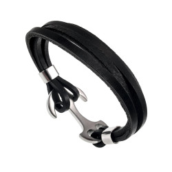 19cm Armband Heren - Echt Leer - RVS - Zwarte Leren Armband met Anker