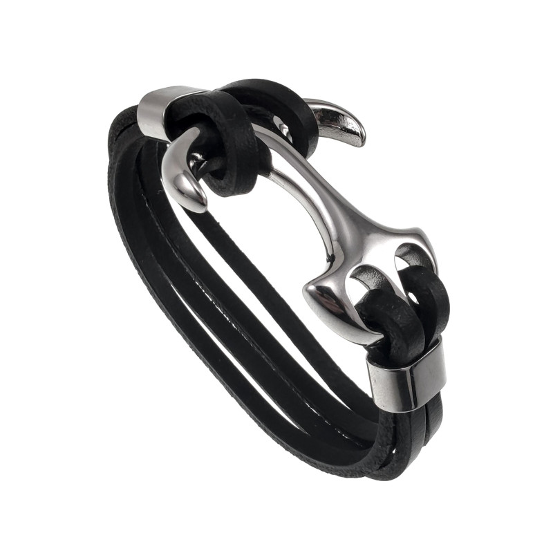 19cm Armband Heren - Echt Leer - RVS - Zwarte Leren Armband met Anker 19cm Armband Heren - Echt Leer - RVS - Zwarte Leren Armband met Anker