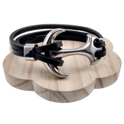 19cm Armband Heren - Echt Leer - RVS - Zwarte Leren Armband met Anker