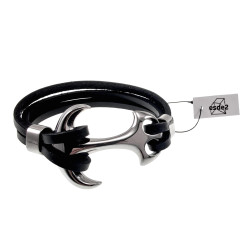 19cm Armband Heren - Echt Leer - RVS - Zwarte Leren Armband met Anker