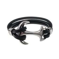 19cm Armband Heren - Echt Leer - RVS - Zwarte Leren Armband met Anker