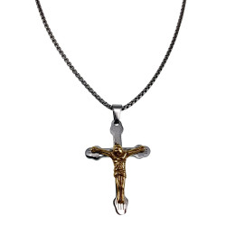Bicolor Kruishanger met Jesus Unisex - RVS Zilverkleur/Goudkleur