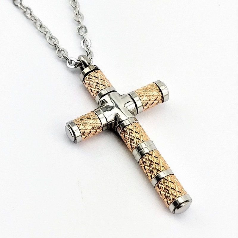 Zilverkleur-Roségoudkleurig RVS Kruis met Jasseron Ketting