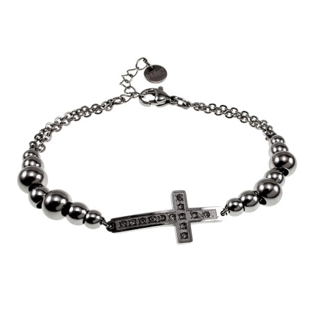 Dames - Gepolijst RVS - Armband met RVS Kralen en Kruis - Verstelbaar