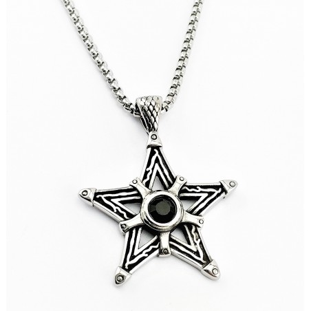 Dames - Heren Stalen Pentagram Hanger met Zwarte Zirkonia