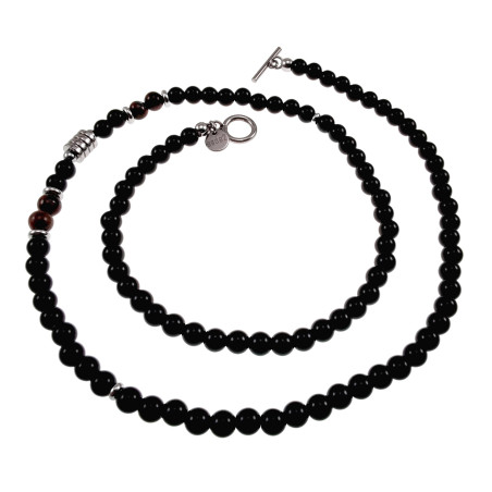 60cm Ketting - 18cm Armband Heren Obsidiaan - Tijgeroog - RVS Ketting