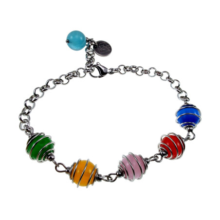 RVS Ronde Schakelarmband met Kleurrijke Kattenoogstenen - Verstelbaar