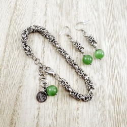 Dames RVS Byzantijnse Schakelarmband met Groene Kattenoogsteen - 19cm