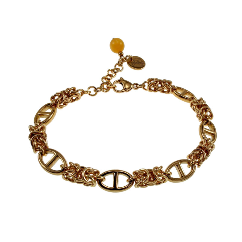 Verguld RVS Byzantijnse Anker Schakelarmband met Amber Kattenoogsteen Verguld RVS Byzantijnse Anker Schakelarmband met Amber Kattenoogsteen