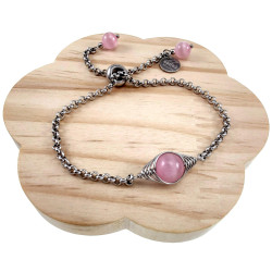 Dames RVS Schakelarmband met Roze Kattenoogsteen met Schuifsluiting